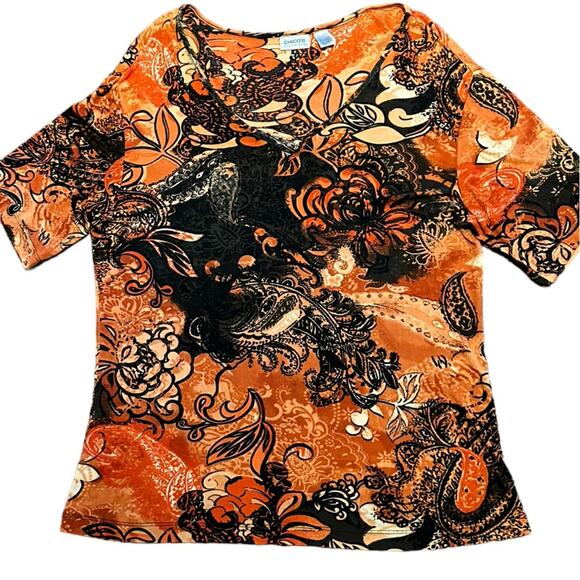 Chico's Tops - Chico’s Travelers Women’s 3 (16) Short Sleeve V-Neck  Shirt Orange & Black Print